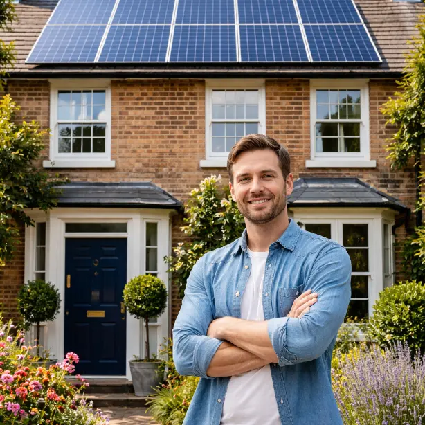 Customer standing in front of a home with solar panels